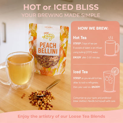 Katy’s Peach Bellini Loose Tea - Apple, Peach & Mango - Light Herbal Fruit Tea, Caffeine-Free, Sugar-Free - Hot or Iced Tea - 30+ Cups