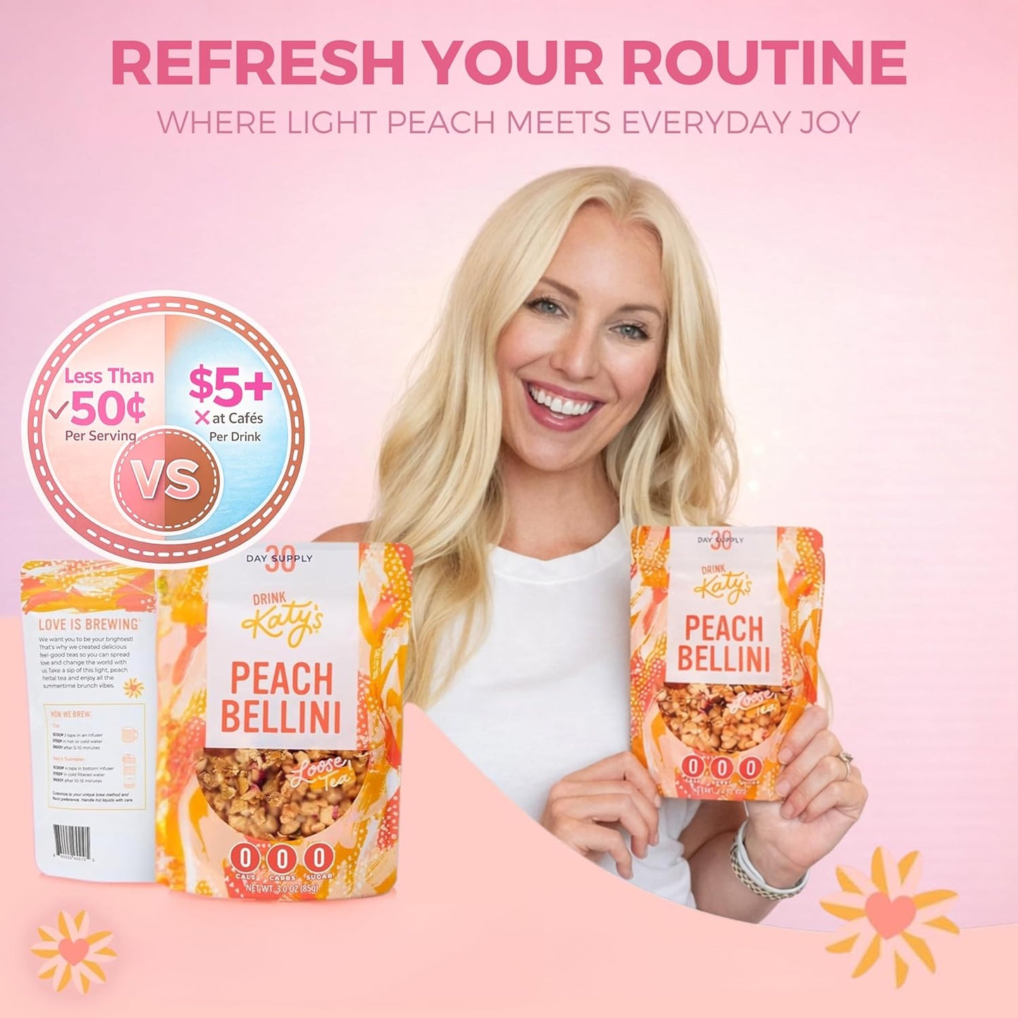 Katy’s Peach Bellini Loose Tea - Apple, Peach & Mango - Light Herbal Fruit Tea, Caffeine-Free, Sugar-Free - Hot or Iced Tea - 30+ Cups