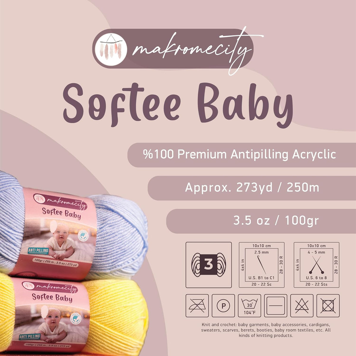 Softee Baby Yarn,%100 Premium Anti-Pilling Acrylic, 3.5 Oz, 273 yd (100gr/250 mt), Baby Pink Soft Yarn for Crocheting and Knitting (Baby Pink, 1 Skein)