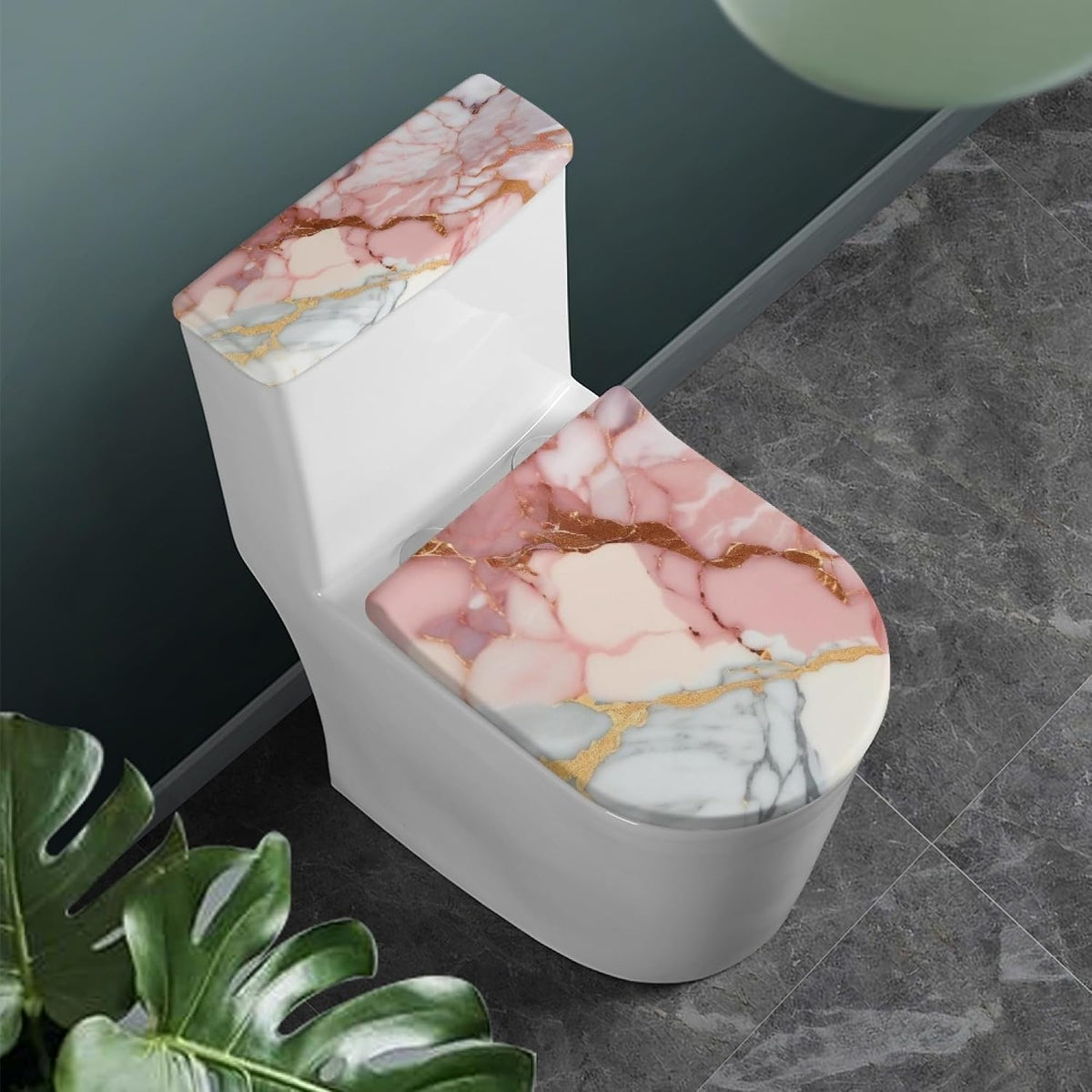 Pink Toilet Seat Cover Set Elongated Tank Cover Rose Gold Marble Toilet Lid Decor for Bathroom Decorations