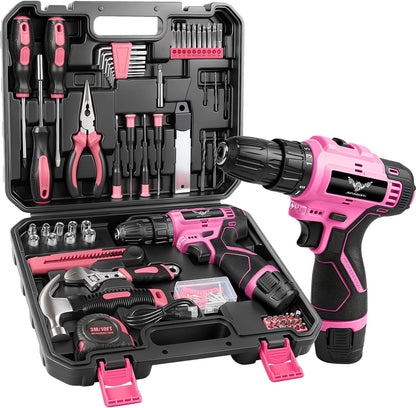 Drill Set, 151-Piece Home Tool Set with 12V Pink Cordless Drill