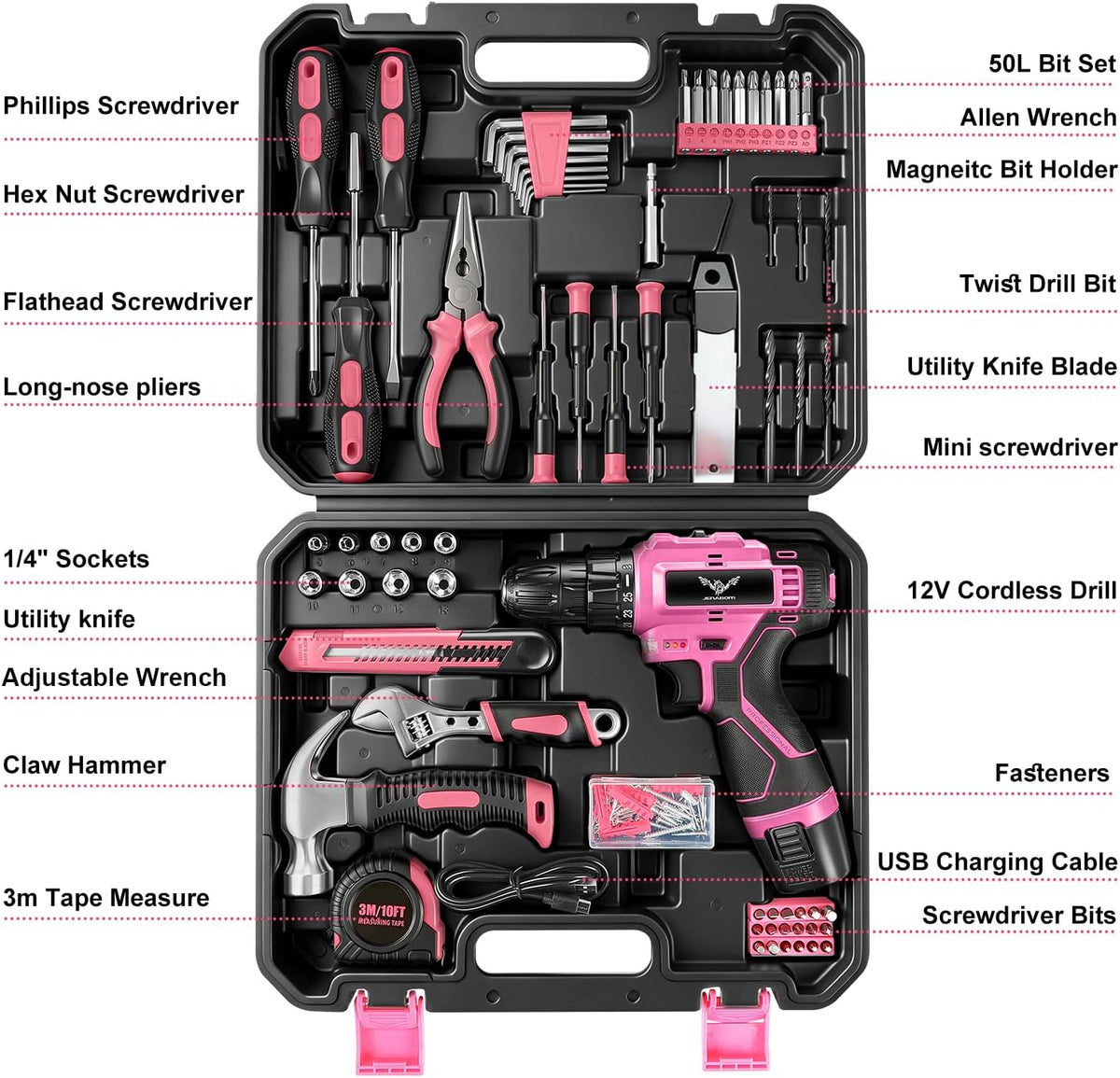 Drill Set, 151-Piece Home Tool Set with 12V Pink Cordless Drill