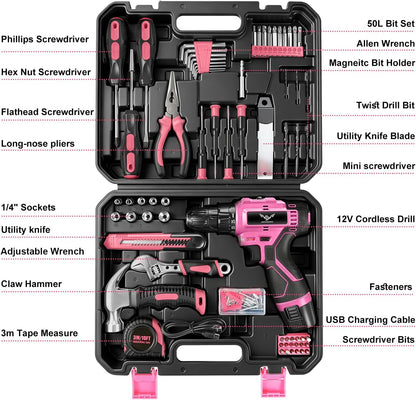 Drill Set, 151-Piece Home Tool Set with 12V Pink Cordless Drill