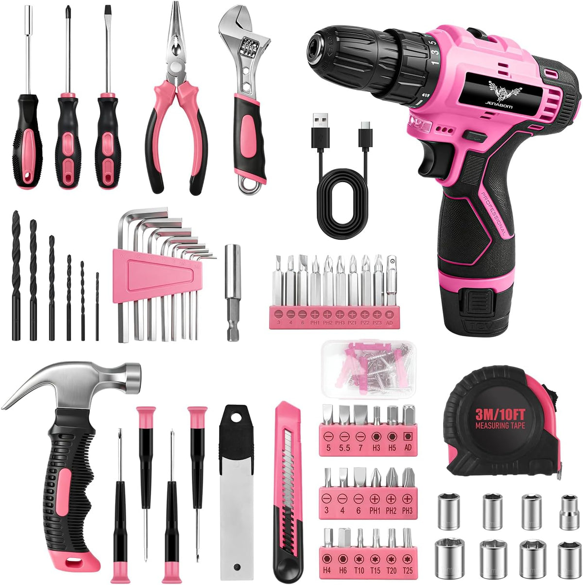 Drill Set, 151-Piece Home Tool Set with 12V Pink Cordless Drill