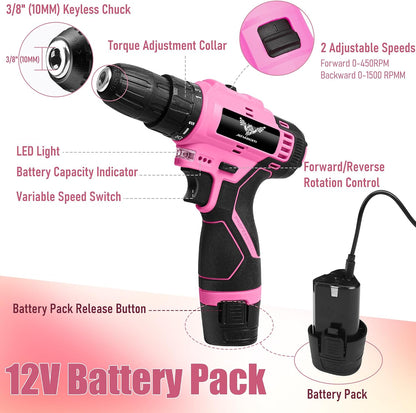 Drill Set, 151-Piece Home Tool Set with 12V Pink Cordless Drill