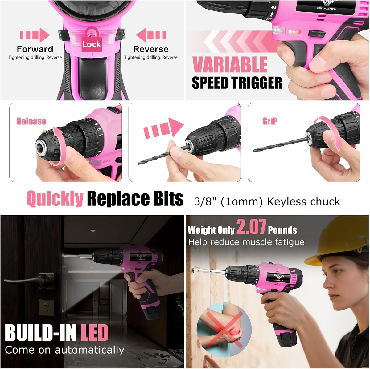 Drill Set, 151-Piece Home Tool Set with 12V Pink Cordless Drill