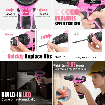 Drill Set, 151-Piece Home Tool Set with 12V Pink Cordless Drill
