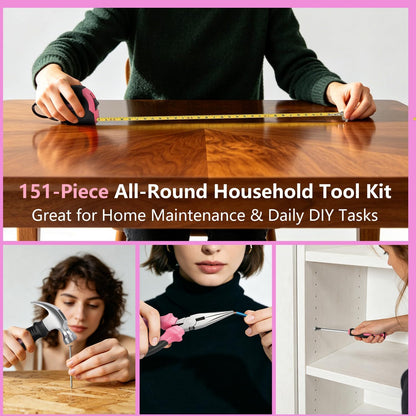Drill Set, 151-Piece Home Tool Set with 12V Pink Cordless Drill