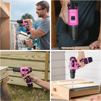 Drill Set, 151-Piece Home Tool Set with 12V Pink Cordless Drill