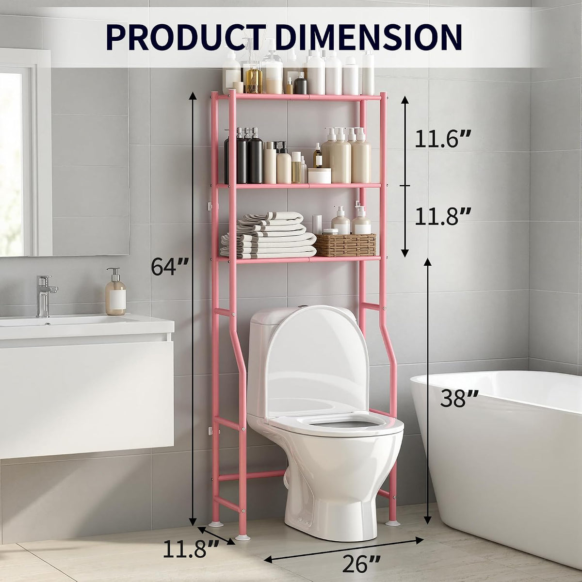 3-Tier Over Toilet Storage, Anti-Tip, 64" H, Pink