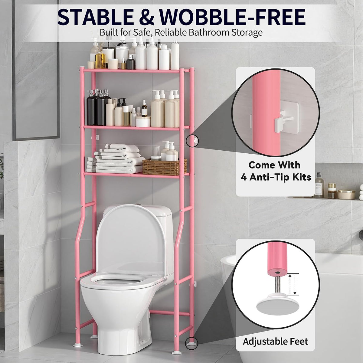 3-Tier Over Toilet Storage, Anti-Tip, 64" H, Pink