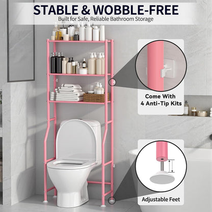 3-Tier Over Toilet Storage, Anti-Tip, 64" H, Pink