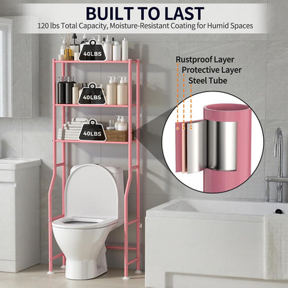 3-Tier Over Toilet Storage, Anti-Tip, 64" H, Pink