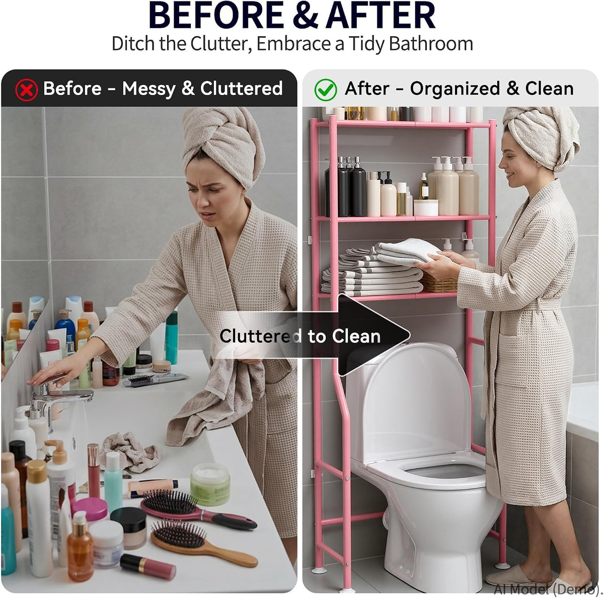 3-Tier Over Toilet Storage, Anti-Tip, 64" H, Pink