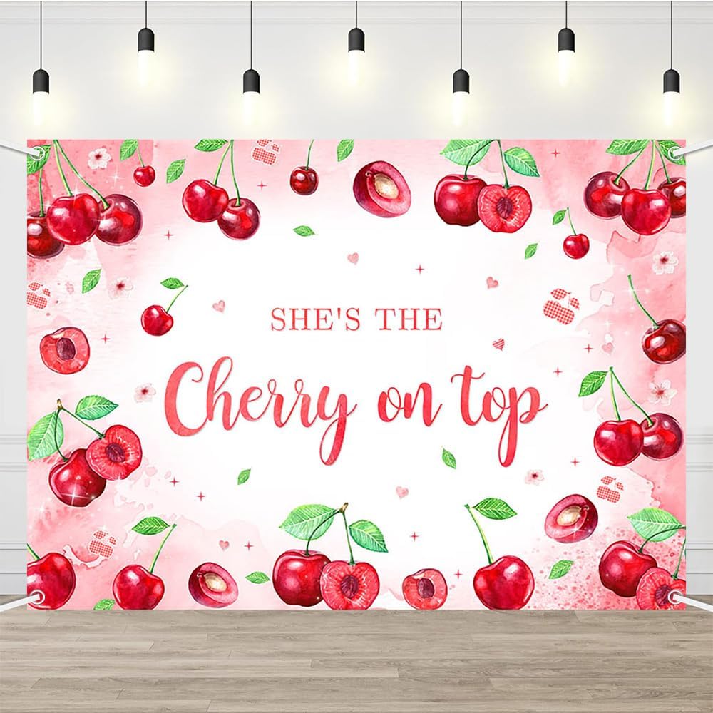 Pink Cherry Theme Baby Shower Backdrop She's The Cherry on Top Photography Background Coquette Girl Birthday Party Decorations Fruit Themed Bridal Shower Party Supplies 7x5ft