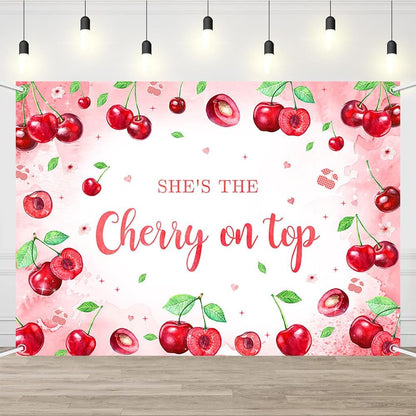 Pink Cherry Theme Baby Shower Backdrop She's The Cherry on Top Photography Background Coquette Girl Birthday Party Decorations Fruit Themed Bridal Shower Party Supplies 7x5ft