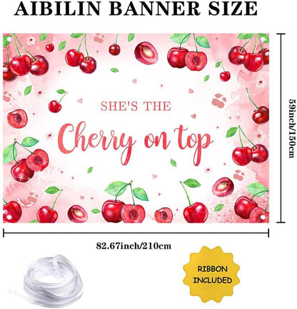 Pink Cherry Theme Baby Shower Backdrop She's The Cherry on Top Photography Background Coquette Girl Birthday Party Decorations Fruit Themed Bridal Shower Party Supplies 7x5ft