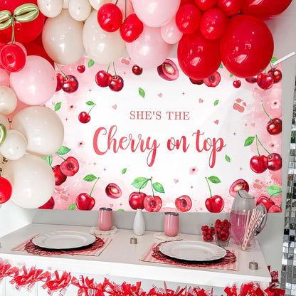 Pink Cherry Theme Baby Shower Backdrop She's The Cherry on Top Photography Background Coquette Girl Birthday Party Decorations Fruit Themed Bridal Shower Party Supplies 7x5ft