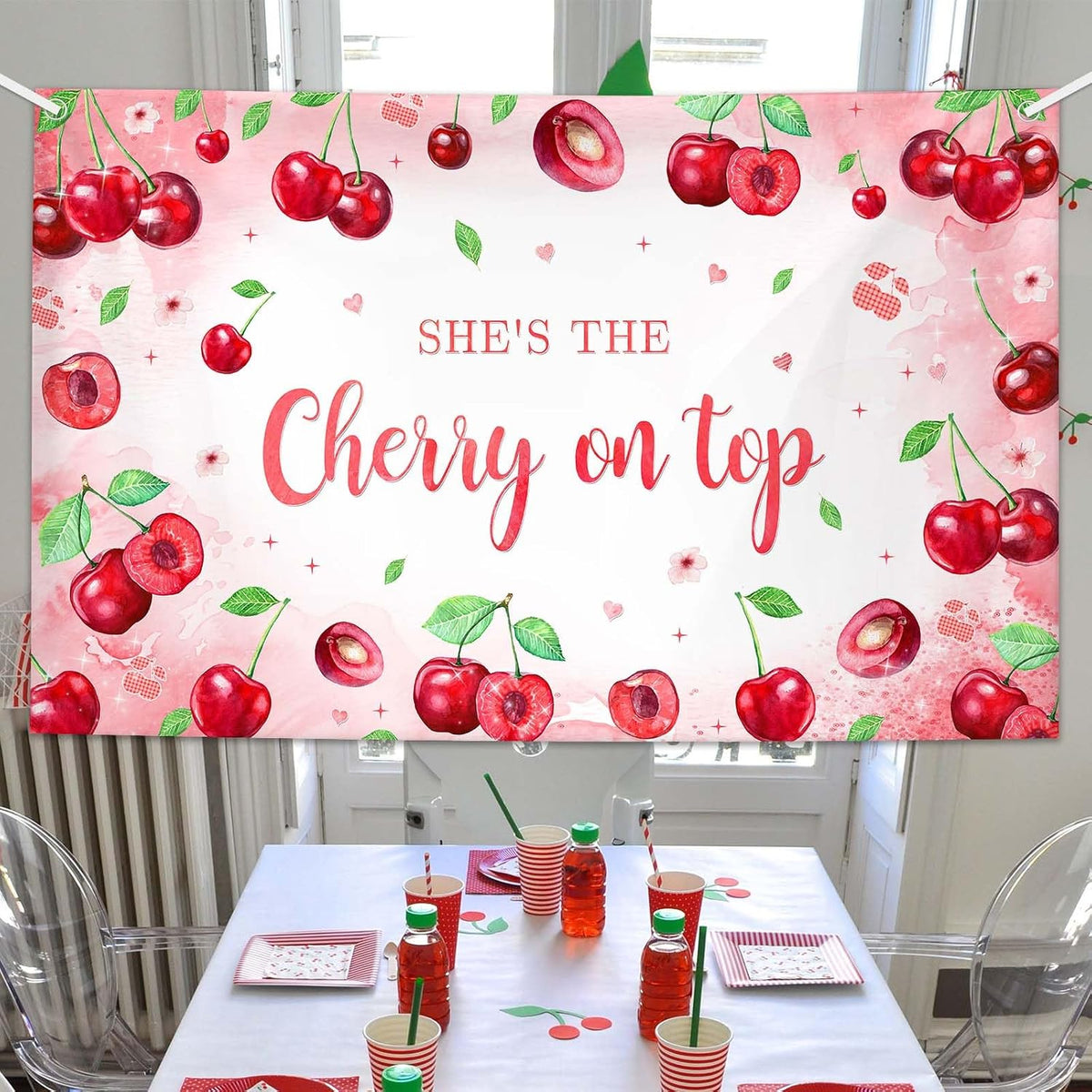 Pink Cherry Theme Baby Shower Backdrop She's The Cherry on Top Photography Background Coquette Girl Birthday Party Decorations Fruit Themed Bridal Shower Party Supplies 7x5ft