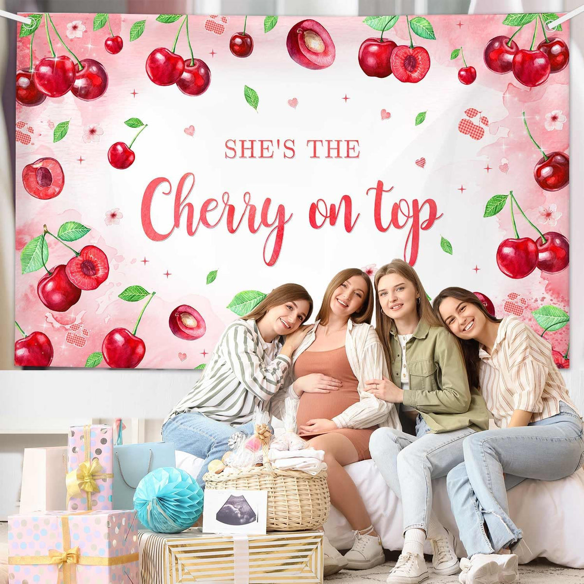 Pink Cherry Theme Baby Shower Backdrop She's The Cherry on Top Photography Background Coquette Girl Birthday Party Decorations Fruit Themed Bridal Shower Party Supplies 7x5ft