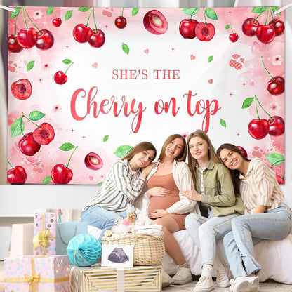 Pink Cherry Theme Baby Shower Backdrop She's The Cherry on Top Photography Background Coquette Girl Birthday Party Decorations Fruit Themed Bridal Shower Party Supplies 7x5ft