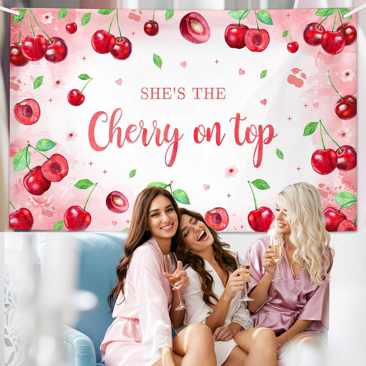 Pink Cherry Theme Baby Shower Backdrop She's The Cherry on Top Photography Background Coquette Girl Birthday Party Decorations Fruit Themed Bridal Shower Party Supplies 7x5ft