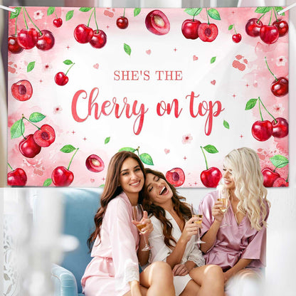 Pink Cherry Theme Baby Shower Backdrop She's The Cherry on Top Photography Background Coquette Girl Birthday Party Decorations Fruit Themed Bridal Shower Party Supplies 7x5ft