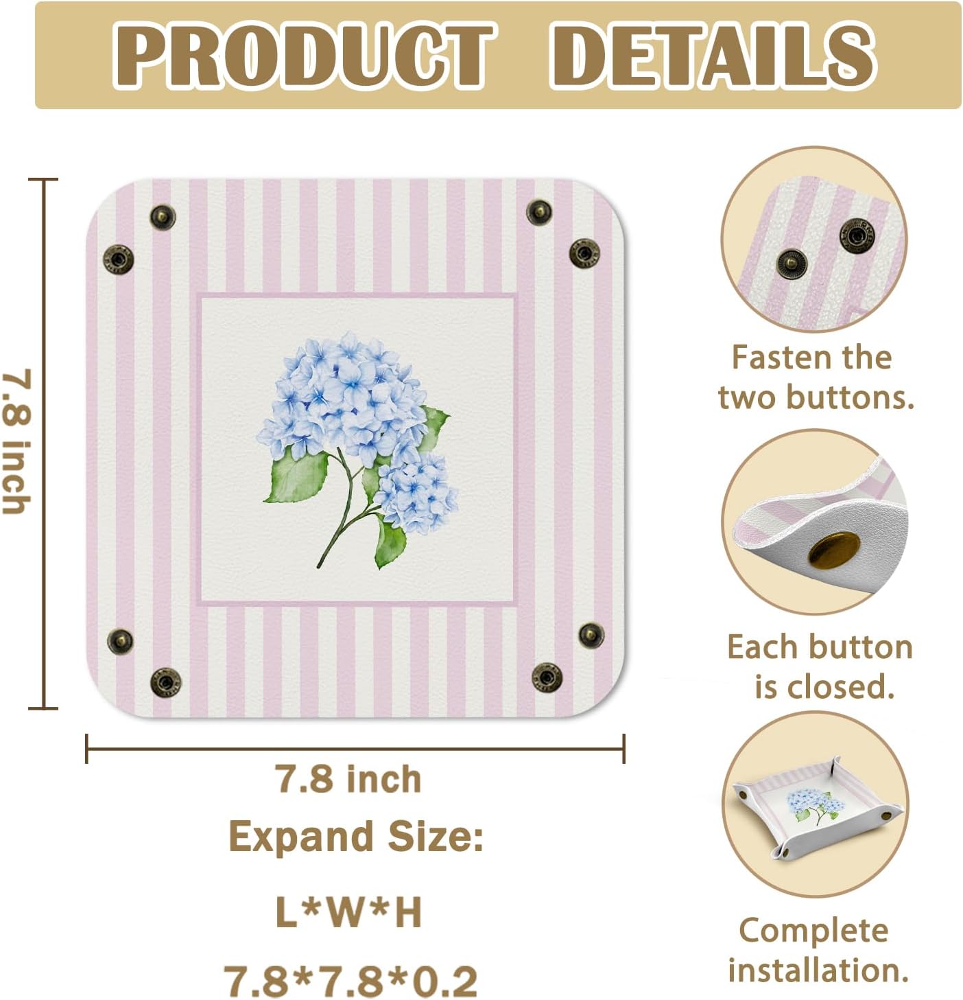 Pink Hydrangea Floral Jewelry Valet Tray for Women,Hydrangea decor | PU Leather Catchall Beside Caddy Nightstand Organizer Tray for Jewelry Rings Watches Keys and Accessories,7.87x7.87 inch