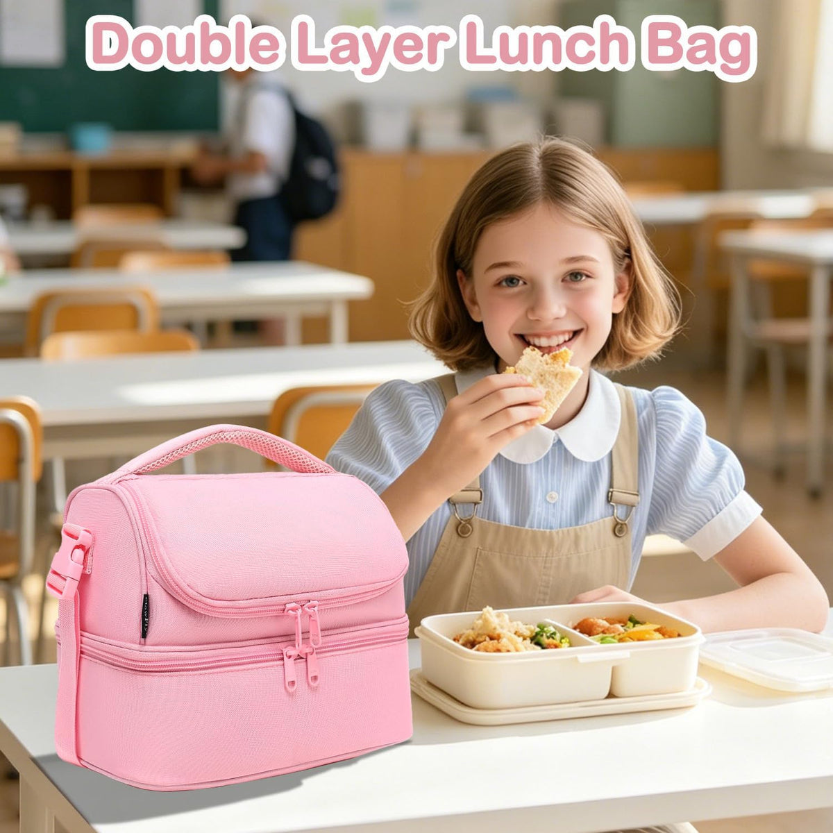 Double Decker Cooler Insulated Lunch Bag Large Tote for Boys, Girls, Men, Women, With Adjustable Strap,Pink