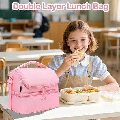 Double Decker Cooler Insulated Lunch Bag Large Tote for Boys, Girls, Men, Women, With Adjustable Strap,Pink
