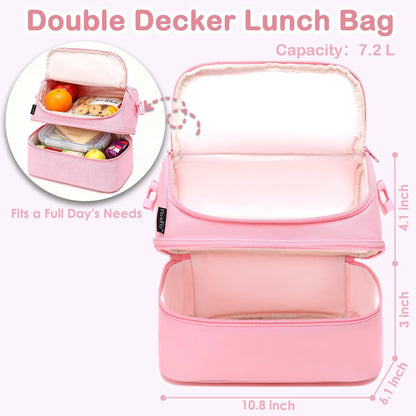 Double Decker Cooler Insulated Lunch Bag Large Tote for Boys, Girls, Men, Women, With Adjustable Strap,Pink