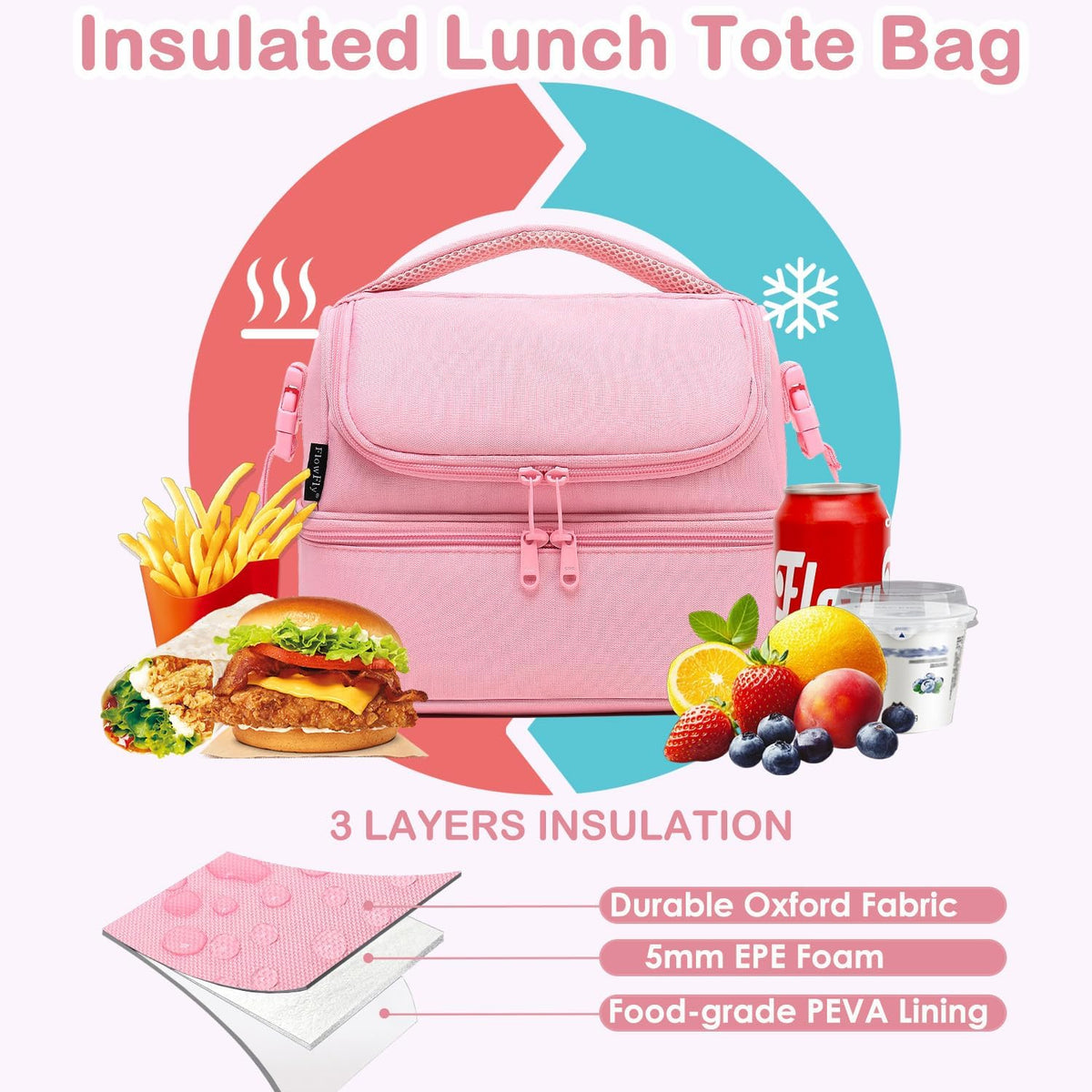 Double Decker Cooler Insulated Lunch Bag Large Tote for Boys, Girls, Men, Women, With Adjustable Strap,Pink