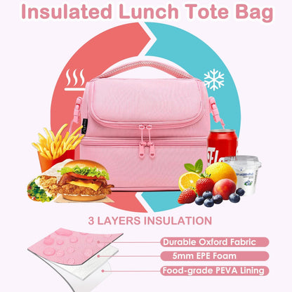 Double Decker Cooler Insulated Lunch Bag Large Tote for Boys, Girls, Men, Women, With Adjustable Strap,Pink