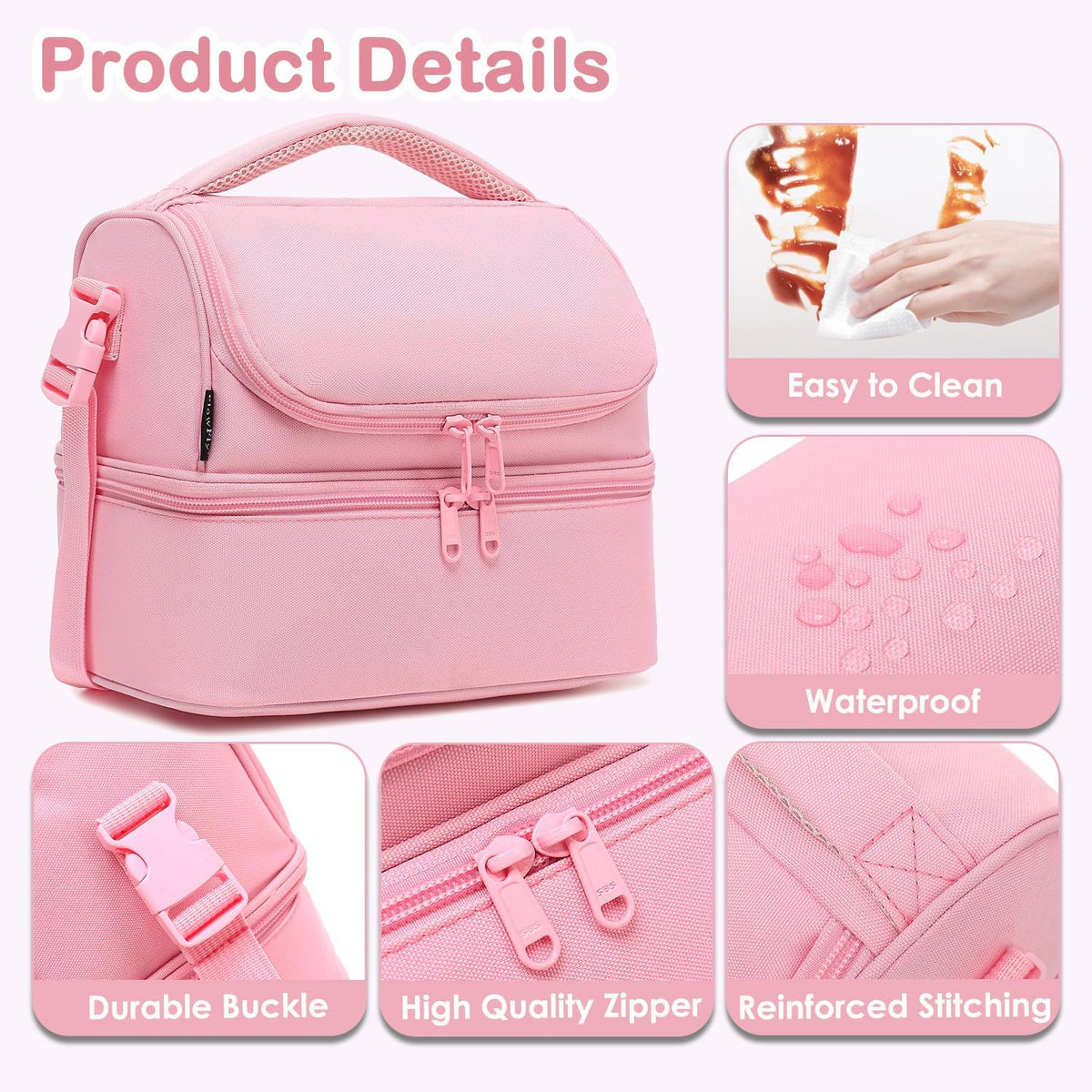Double Decker Cooler Insulated Lunch Bag Large Tote for Boys, Girls, Men, Women, With Adjustable Strap,Pink