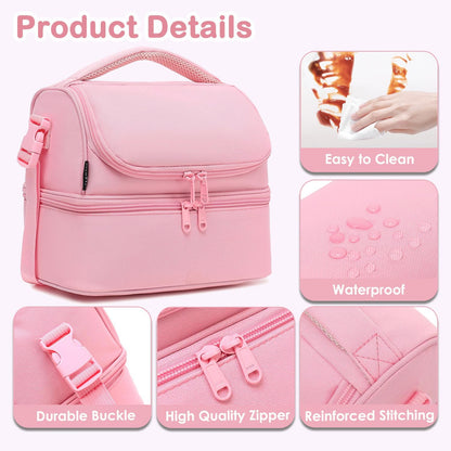 Double Decker Cooler Insulated Lunch Bag Large Tote for Boys, Girls, Men, Women, With Adjustable Strap,Pink
