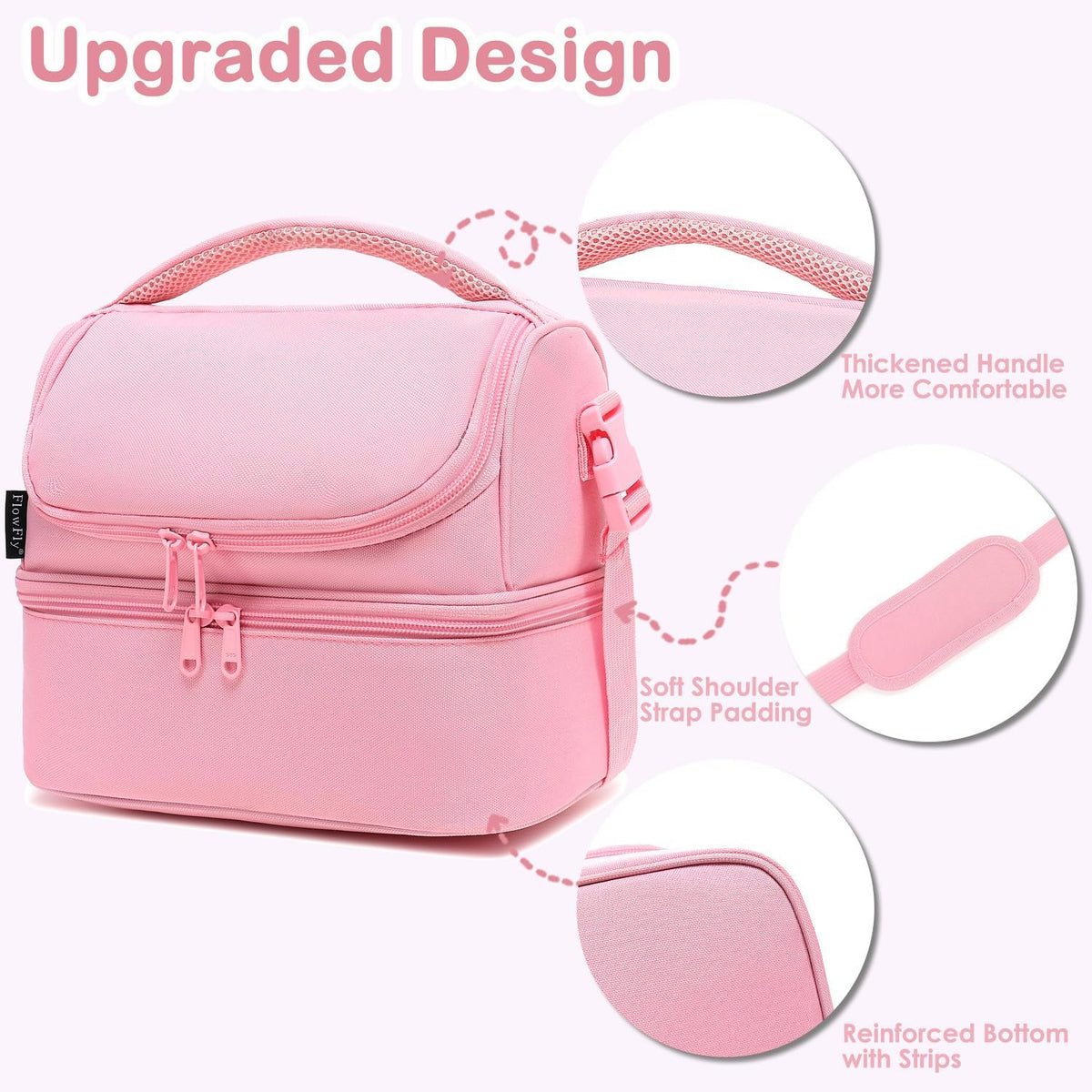 Double Decker Cooler Insulated Lunch Bag Large Tote for Boys, Girls, Men, Women, With Adjustable Strap,Pink