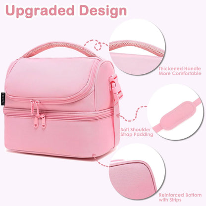 Double Decker Cooler Insulated Lunch Bag Large Tote for Boys, Girls, Men, Women, With Adjustable Strap,Pink