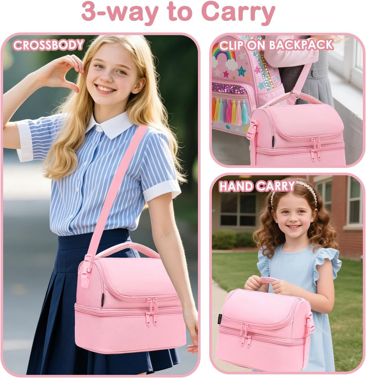 Double Decker Cooler Insulated Lunch Bag Large Tote for Boys, Girls, Men, Women, With Adjustable Strap,Pink