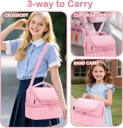 Double Decker Cooler Insulated Lunch Bag Large Tote for Boys, Girls, Men, Women, With Adjustable Strap,Pink