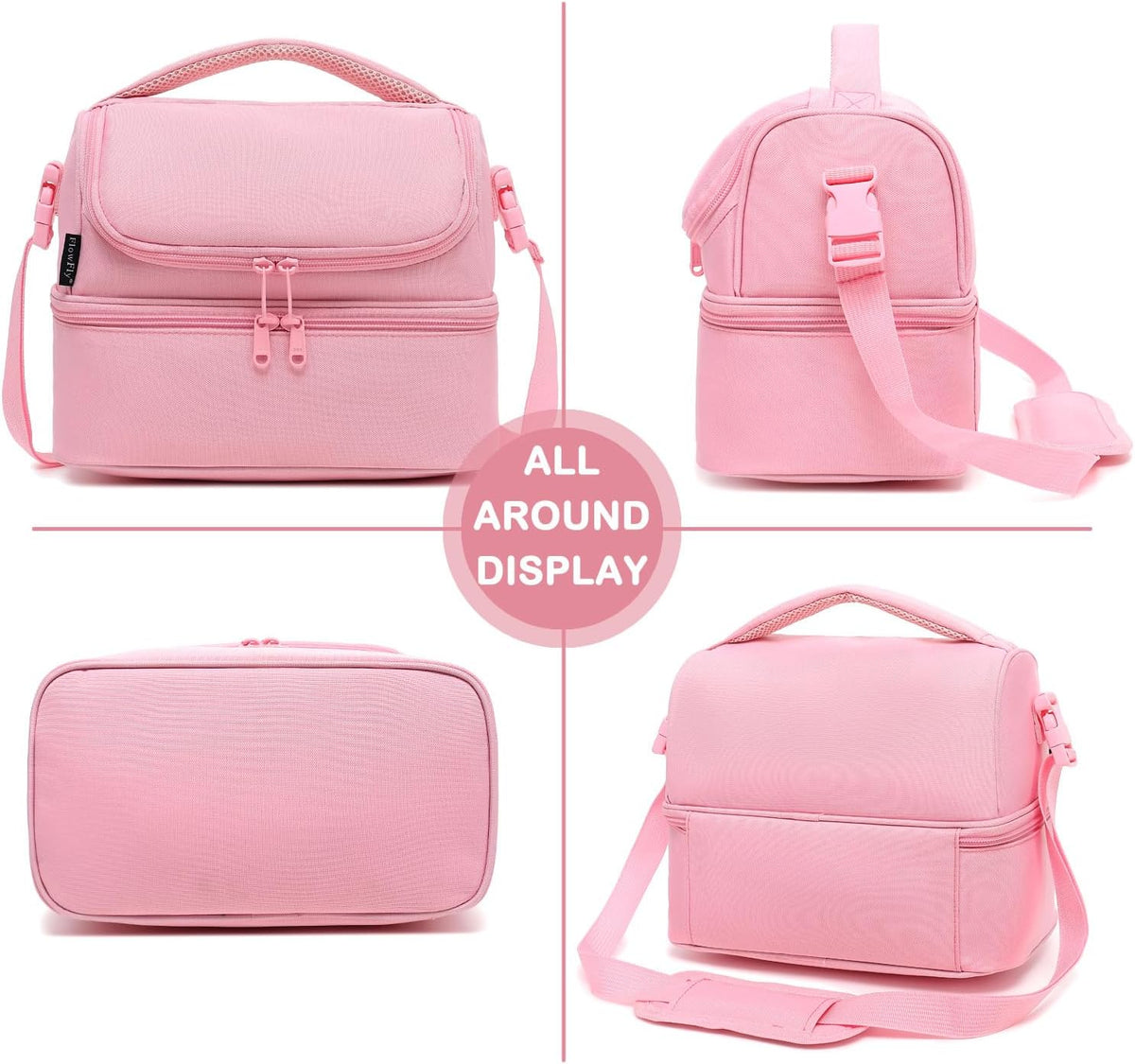 Double Decker Cooler Insulated Lunch Bag Large Tote for Boys, Girls, Men, Women, With Adjustable Strap,Pink