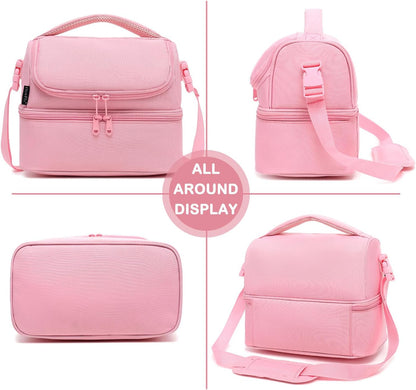 Double Decker Cooler Insulated Lunch Bag Large Tote for Boys, Girls, Men, Women, With Adjustable Strap,Pink