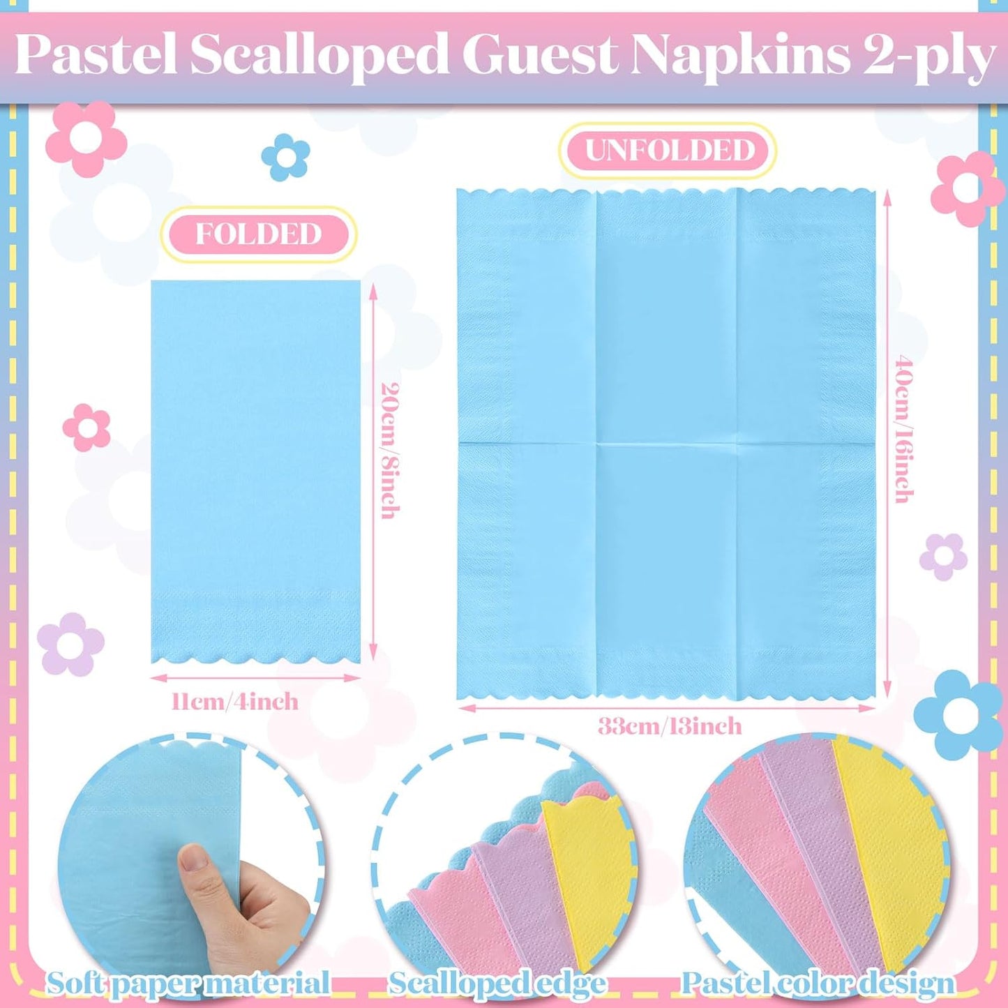 Cholemy 200 Pcs Scalloped Guest Napkin Pastel Colors Cocktail Disposable Hand Towels for Bathroom Guests Towel 2 Ply Paper Napkin for Baby Shower Bathroom Wedding Birthday Bridal(Colorful)