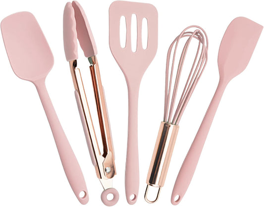 Kitchen Utensil Set,5 Pcs Mini Silicone Cooking Utensils Sets,Heat Resistant Non Stick Kitchens Gadgets BPA-Free Spatula Set,Kitchen Set for Cooking(Pink)