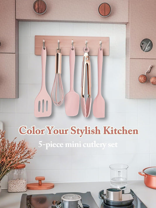 Kitchen Utensil Set,5 Pcs Mini Silicone Cooking Utensils Sets,Heat Resistant Non Stick Kitchens Gadgets BPA-Free Spatula Set,Kitchen Set for Cooking(Pink)