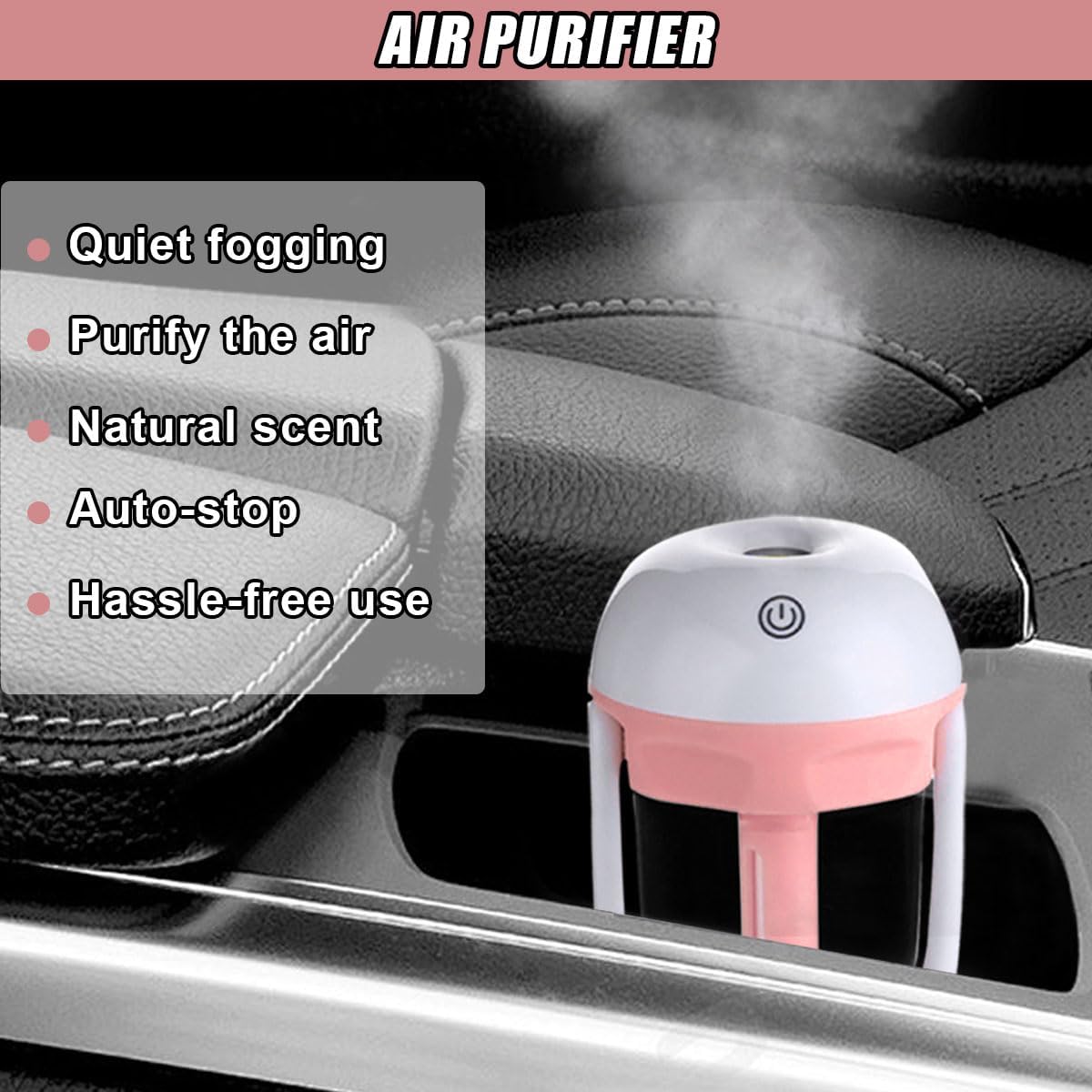 Car Humidifier, Portable Mini Aromatherapy Essential Oil Diffuser, 180-Degree Rotation Cool Mist Humidifier, Vehicle Air Freshener Diffuser with 12V Charging Port for Home Office (Pink)