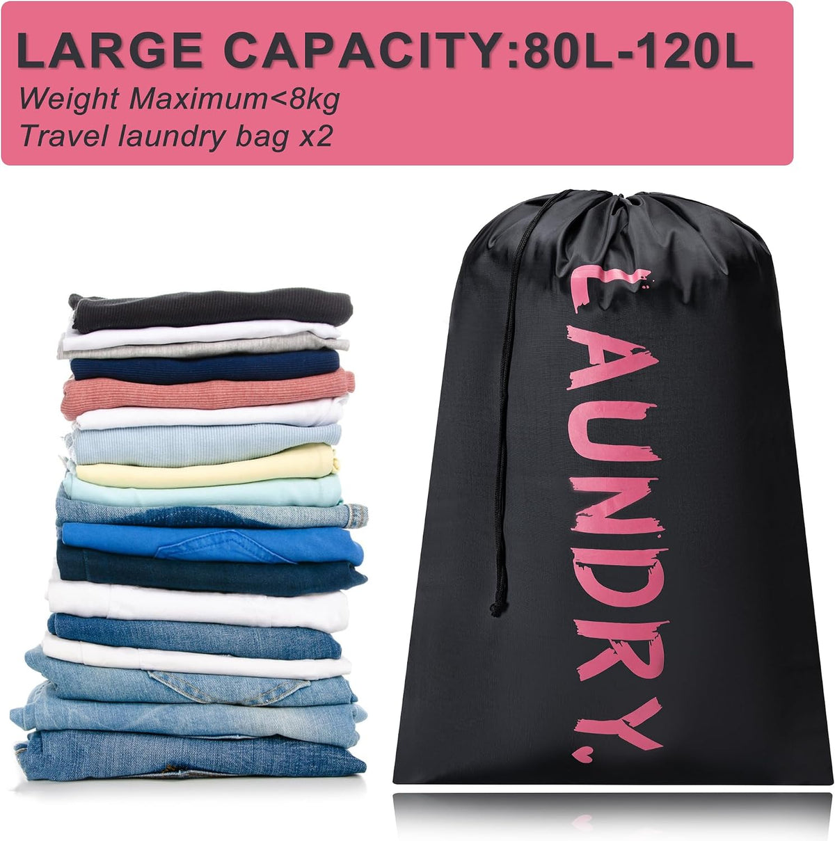 2 Pack Travel Laundry Bag,24" x 36", Extra Large Dirty Clothes Organizer