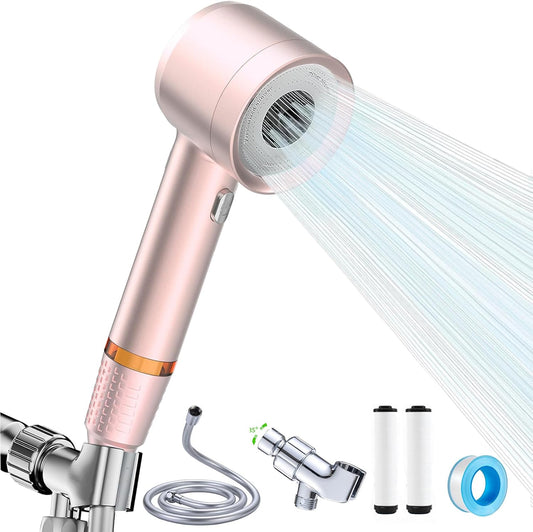 High Pressure Shower Head with Handheld, with Pause Switch 4 Spray Modes Water Saving Showerhead,Showerhead Set with Hose, Bracket and Cotton Filter, (pink)