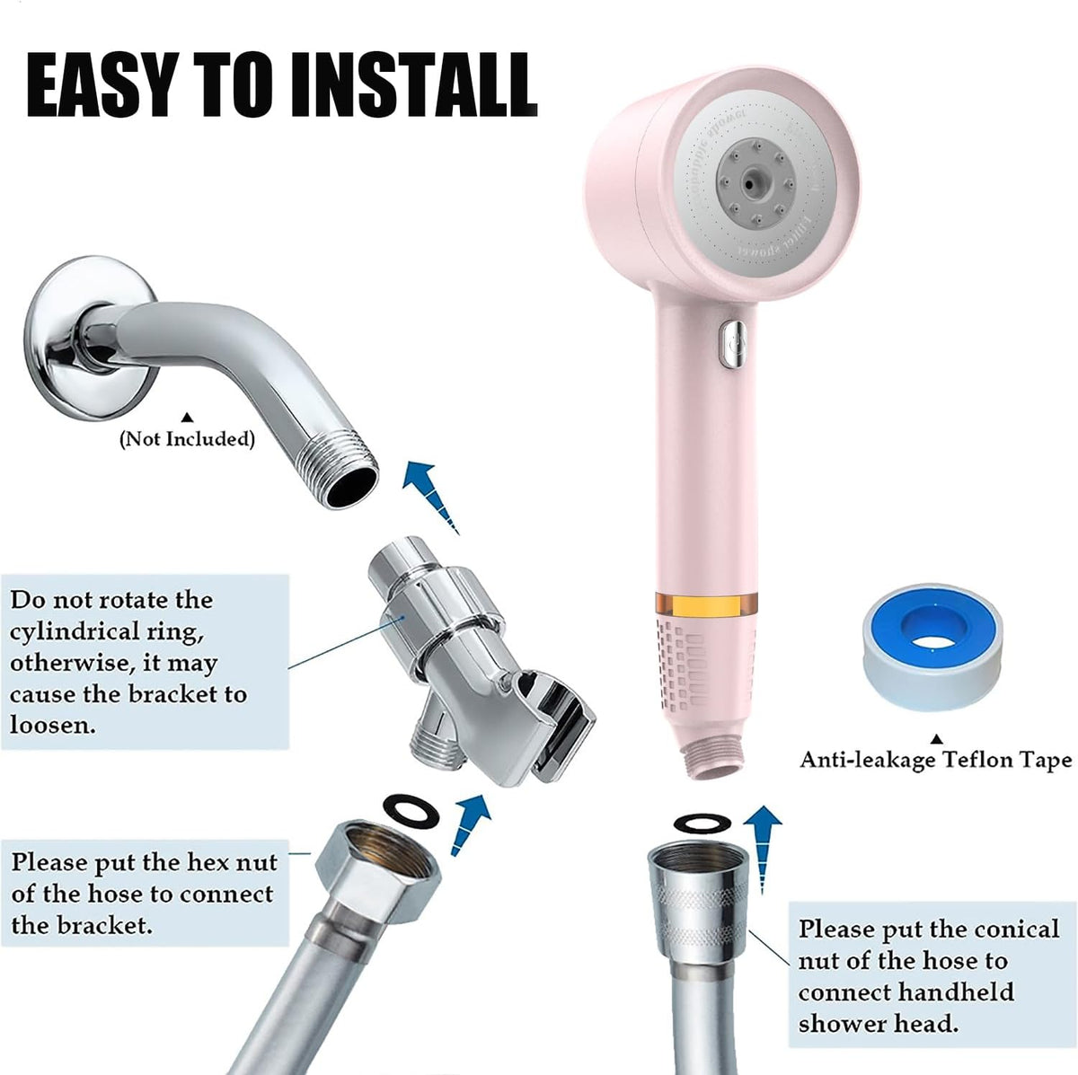 High Pressure Shower Head with Handheld, with Pause Switch 4 Spray Modes Water Saving Showerhead,Showerhead Set with Hose, Bracket and Cotton Filter, (pink)