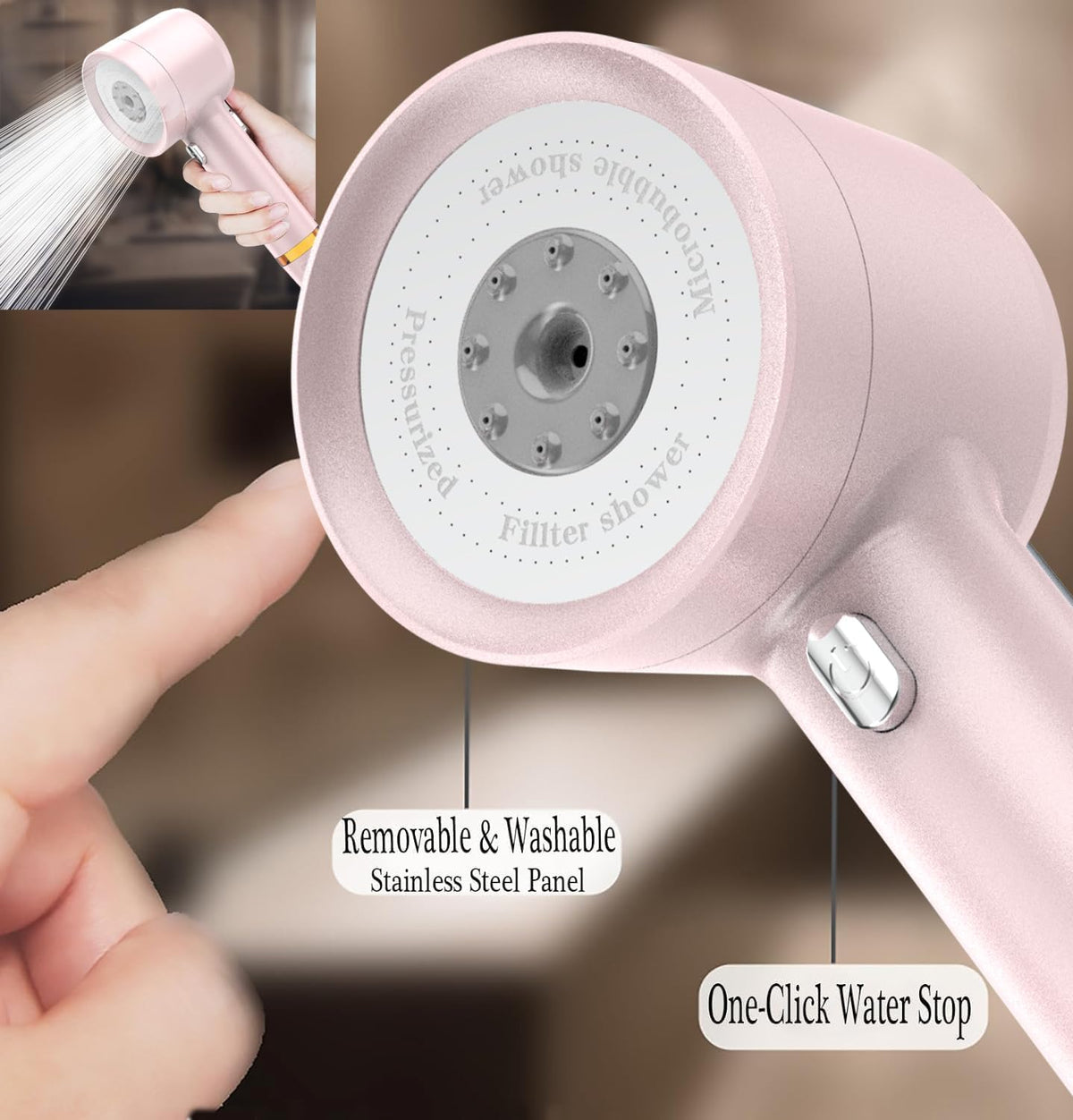 High Pressure Shower Head with Handheld, with Pause Switch 4 Spray Modes Water Saving Showerhead,Showerhead Set with Hose, Bracket and Cotton Filter, (pink)
