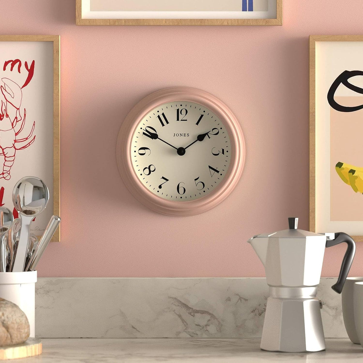 ® Frieze wall Clock | Small Elegant Classic Round Clock | 9" | Pink | Pretty Design Ideal for the Kitchen, Living Room, Bedroom, Large or Small Spaces